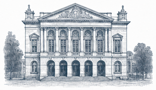 Engraving of a classical academic building